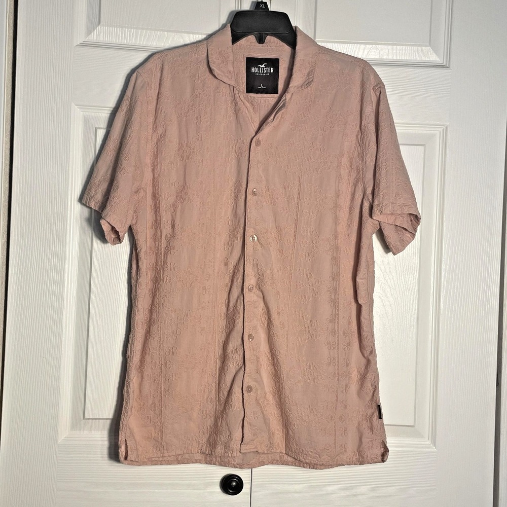 Hollister Shirt Men Large Pink Embroidered Cross Stitch Cotton Button‎ Up Y2K